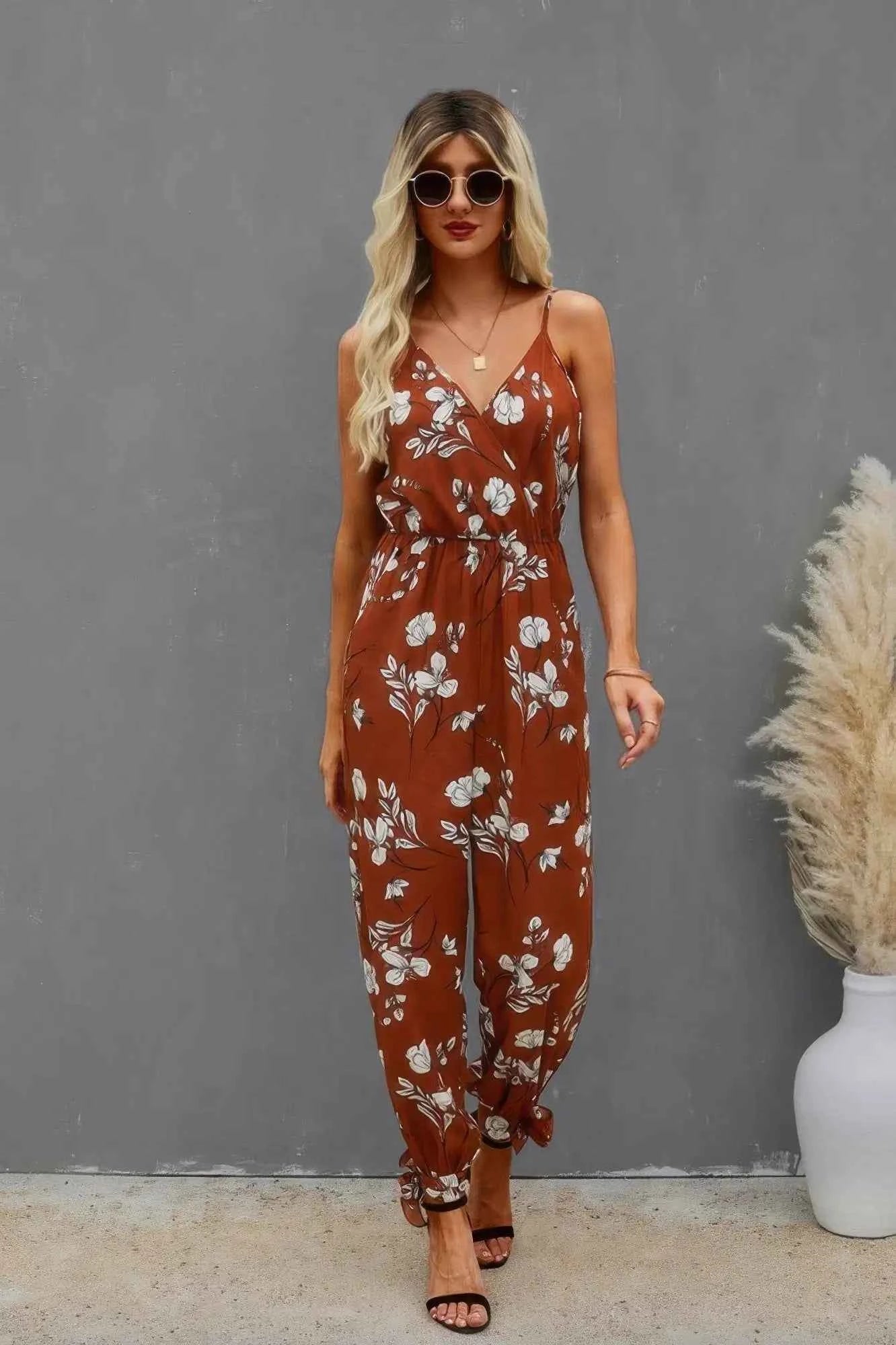Just Throw It On Floral Knot Side Cami Jumpsuit
