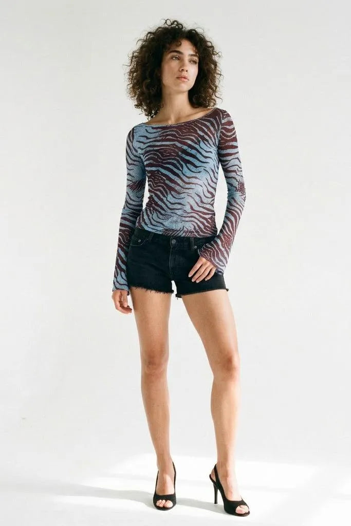 Wild Current Zebra Print Long Sleeve Boat Neck Top