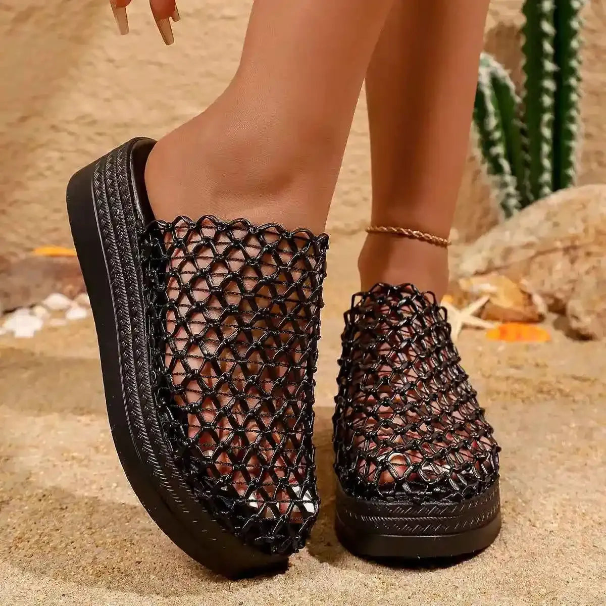 Woven Net Design Platform Sandals