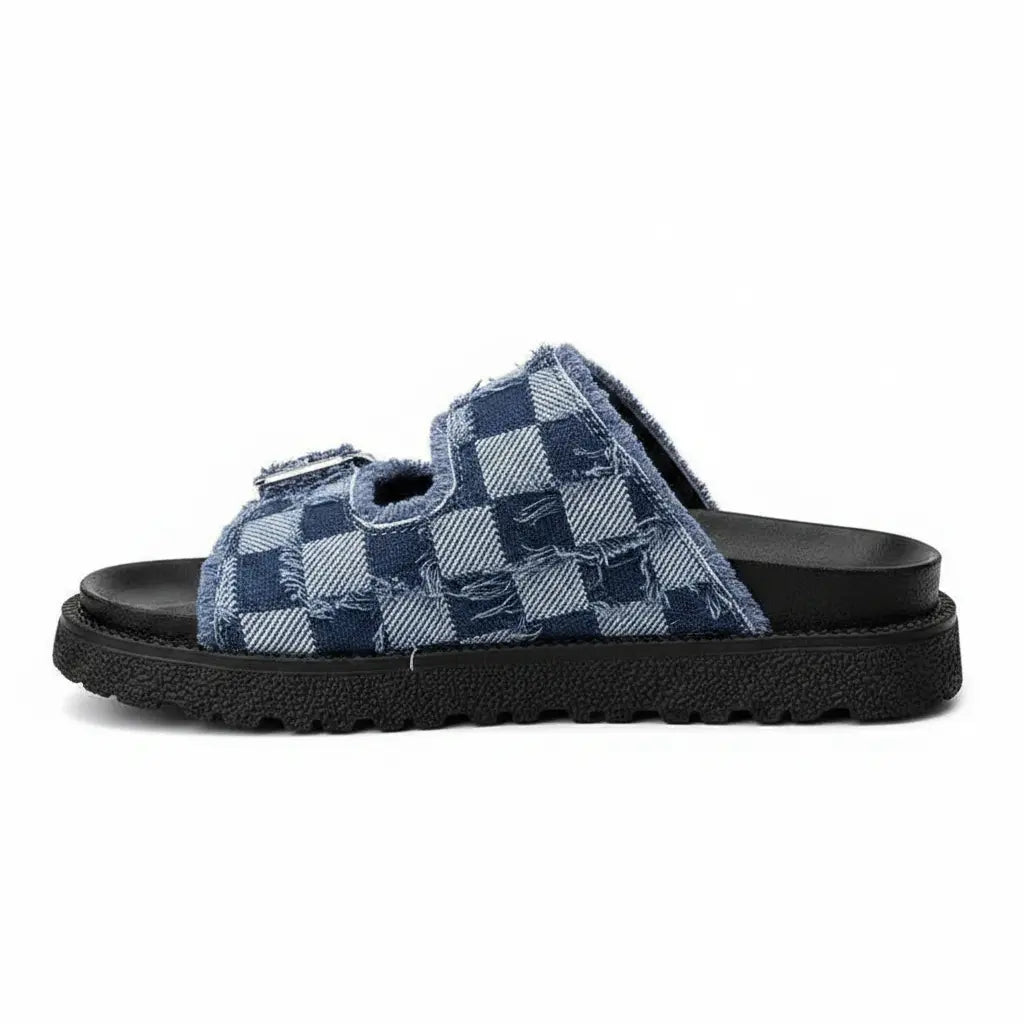 Sandales à boucle en tissu à carreaux et bords bruts