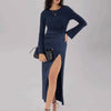 Split Round Neck Long Sleeve Midi Dress