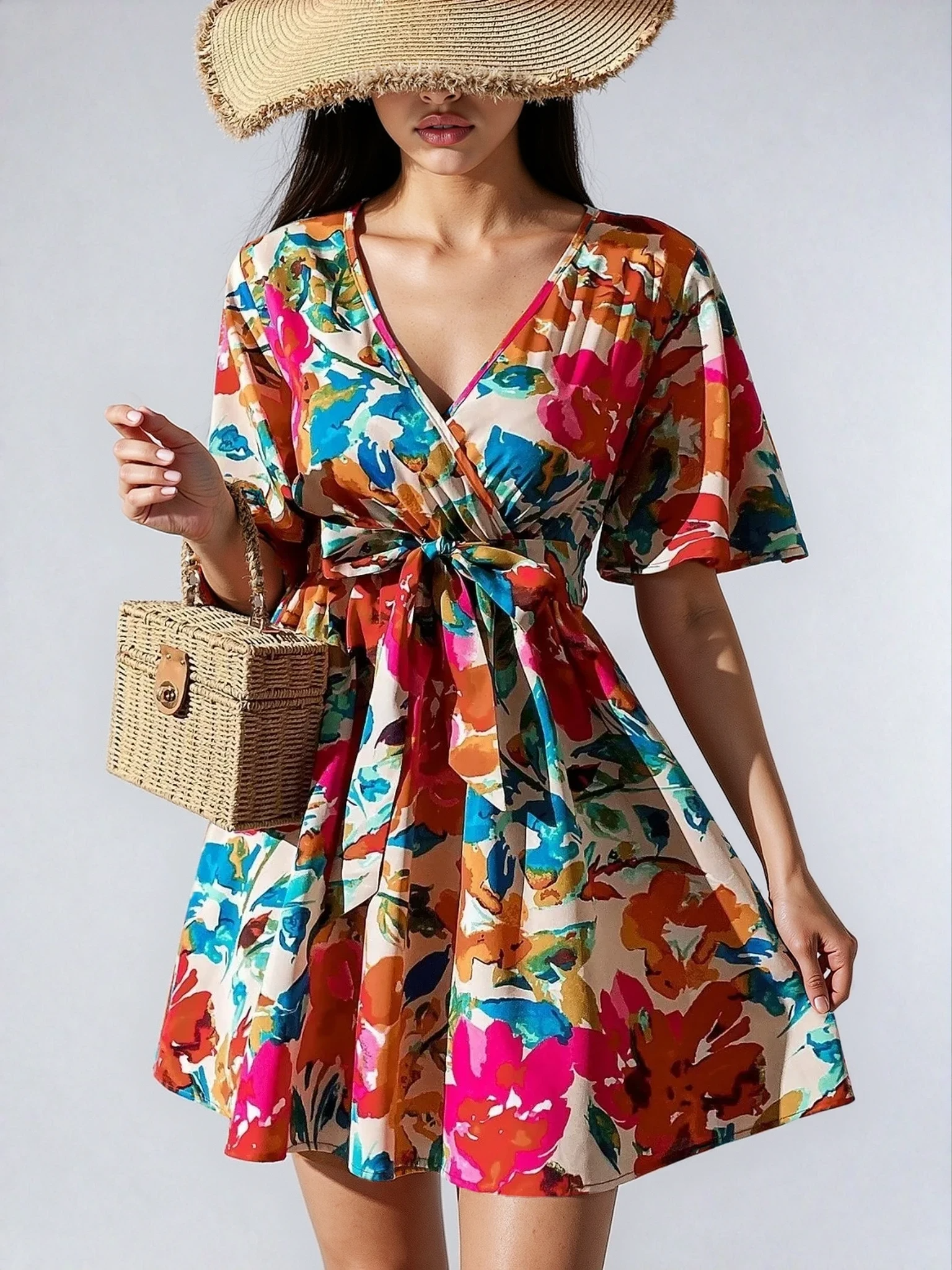 Vacation Primrose Painted-Florals Wrap Mini Dress