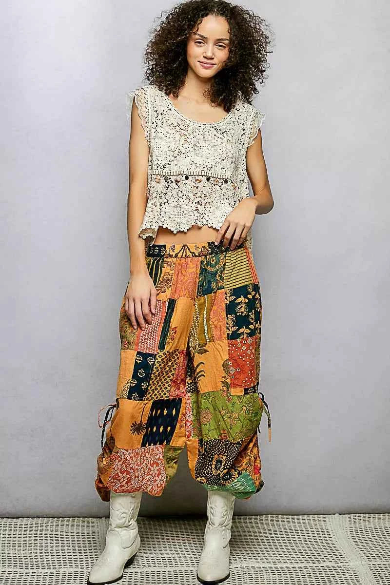 POL Printed Patchwork Wide Leg Pants with Adjustable Side Drawstring