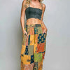 POL Printed Patchwork Wide Leg Pants with Adjustable Side Drawstring