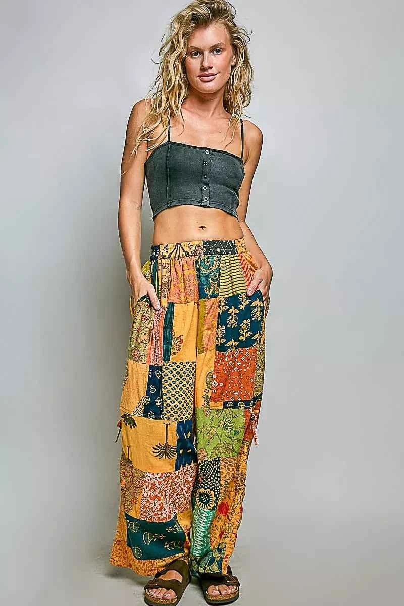 POL Printed Patchwork Wide Leg Pants with Adjustable Side Drawstring
