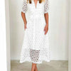 Eyelet Lace V-Neck Midi Dress with Puff Sleeves