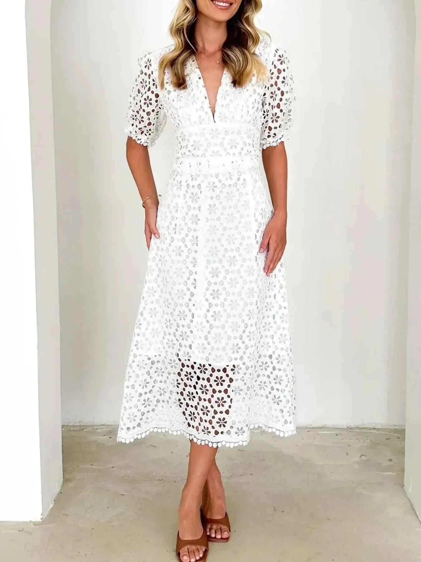 Eyelet Lace V-Neck Midi Dress with Puff Sleeves