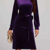 Round Neck Tie Waist Long Sleeve Velvet Dress