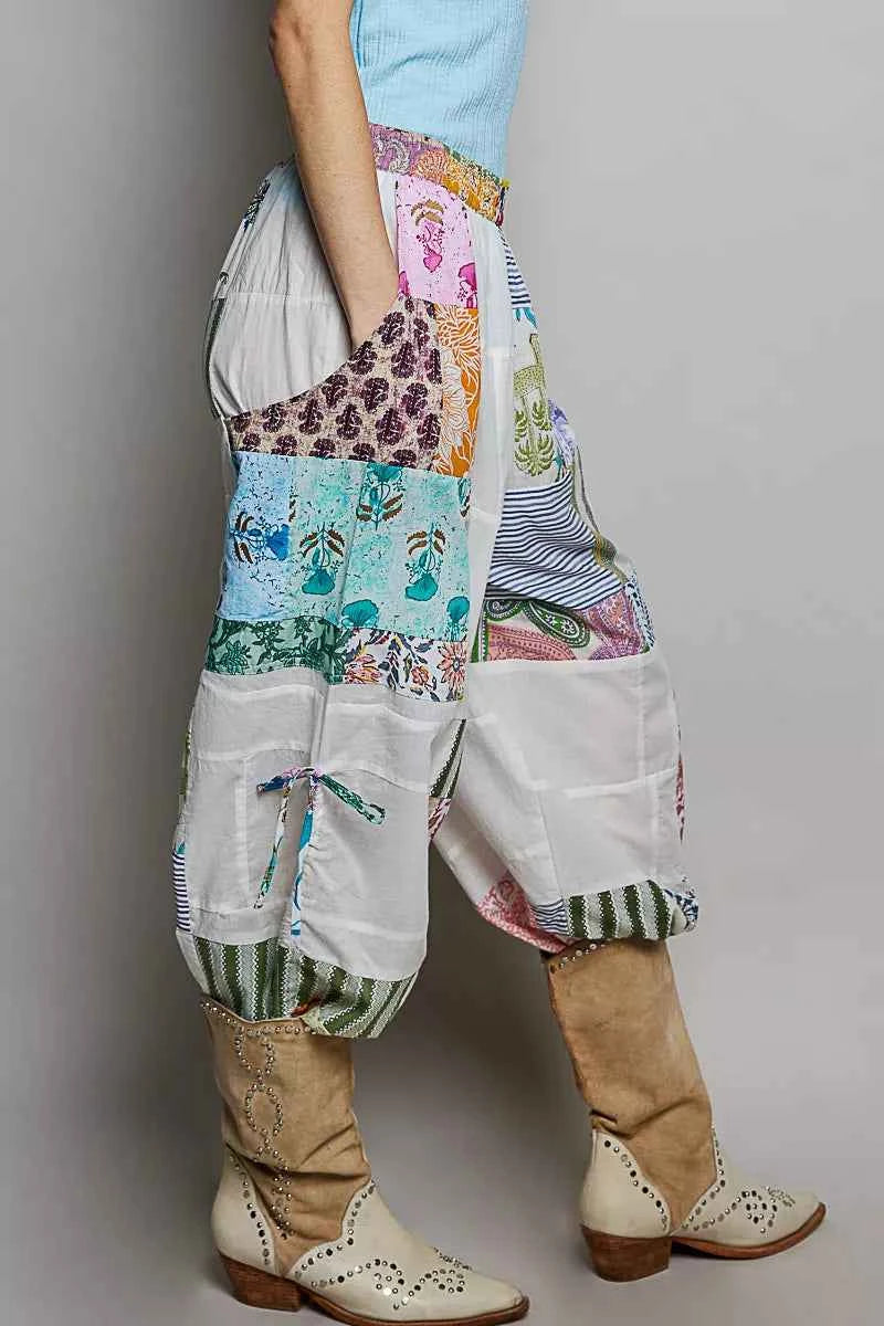 POL Printed Patchwork Wide Leg Pants with Adjustable Side Drawstring
