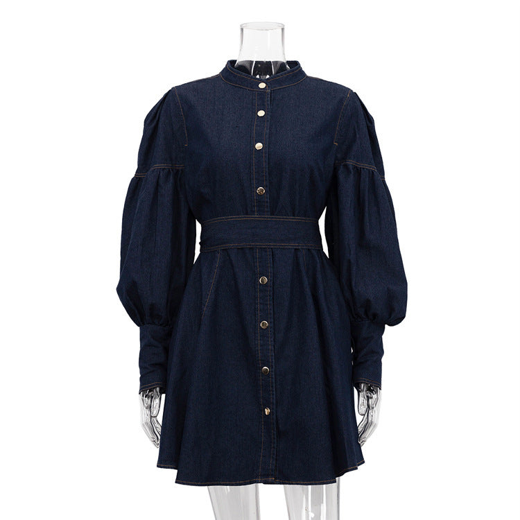 Wedelia Grace Lantern Sleeve Lace-Up Denim Shirt Dress