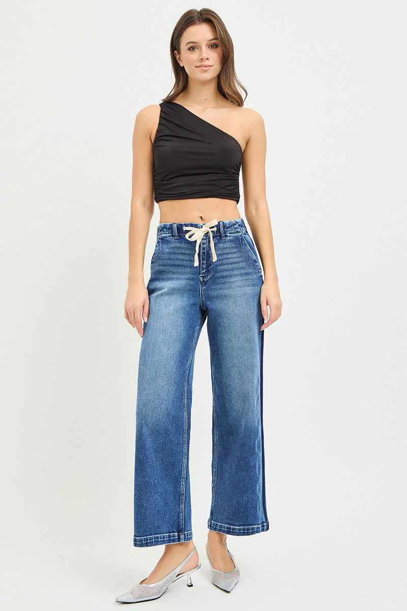 RISEN Elastic Band High Rise Cropped Wide Jeans