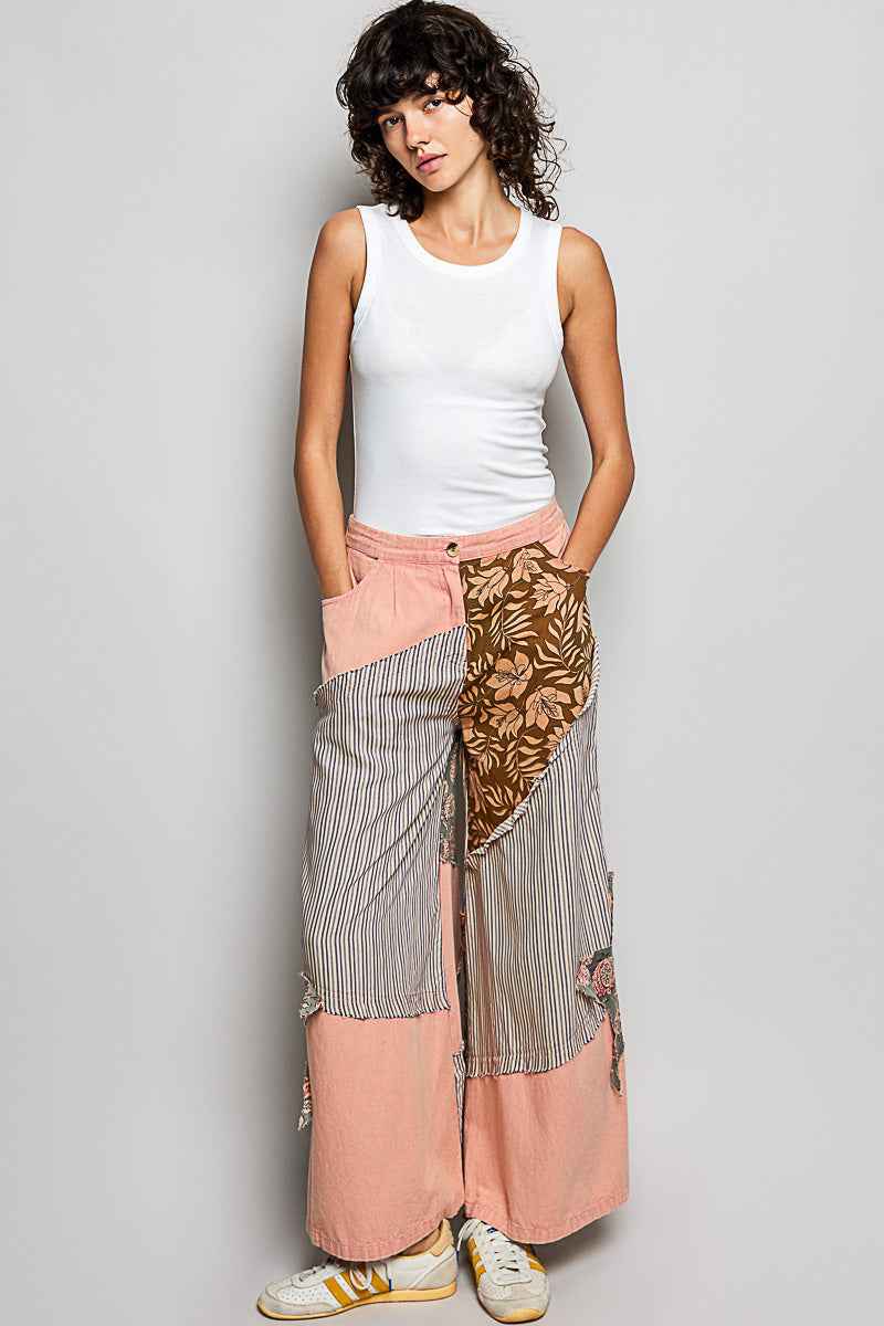 POL Striped Floral Patchwork Wide leg Pants with Side Big Star Patch