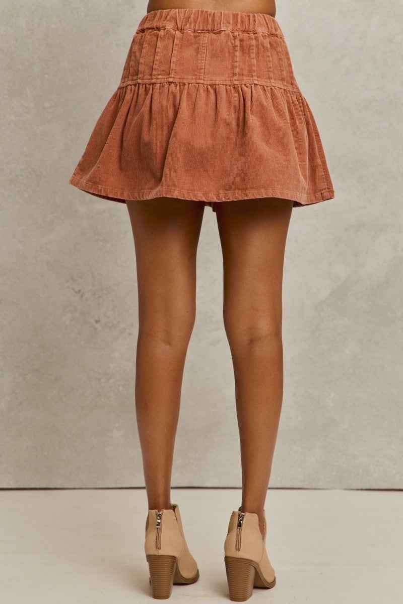 SO ME Mineral Wash Pintucked Corduroy Mini Flared Skirt
