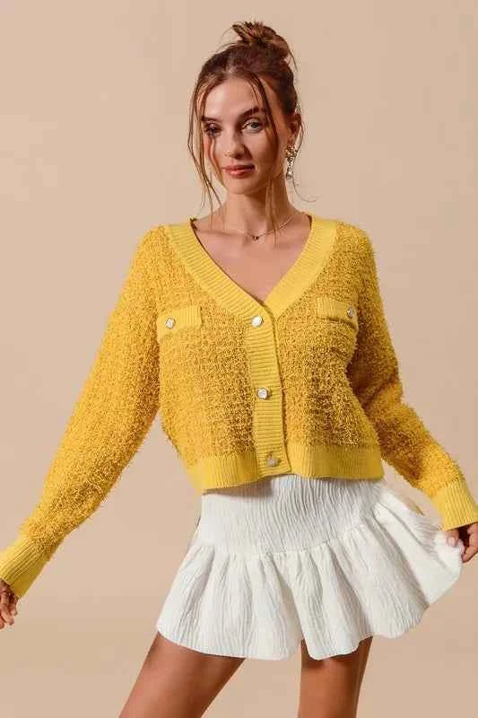 SO ME Frayed Tweed Knit Buttoned Front Cardigan