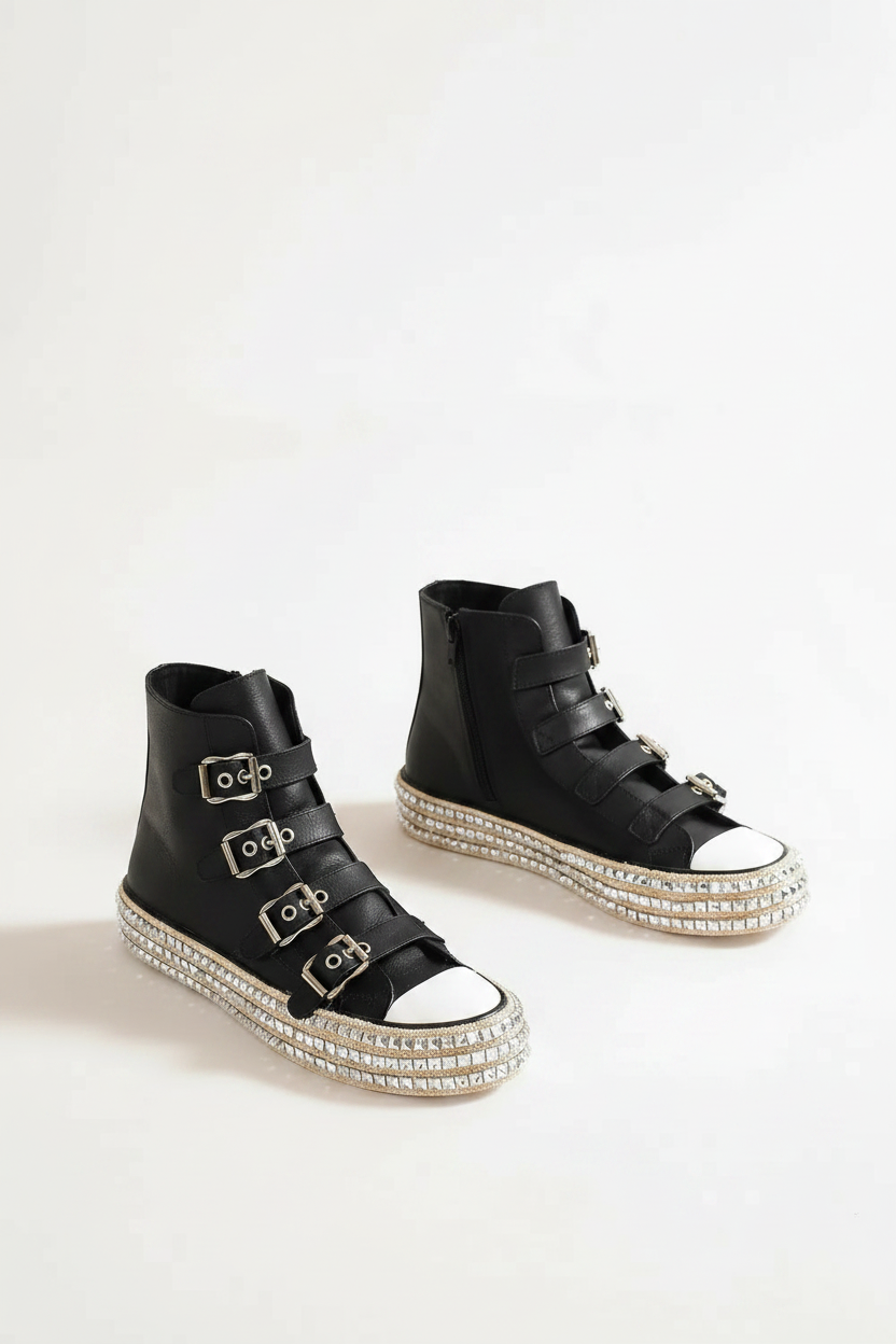Multi-Buckle Straps Studded Platform Sneakers