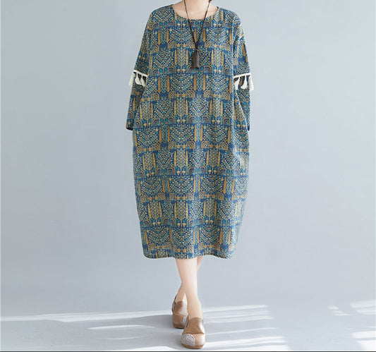 Vintage Cotton Charm Linen Double Sleeve Fringe Dress