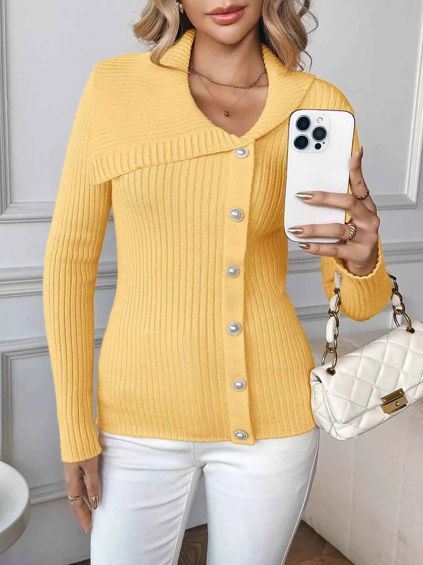 Asymmetrical Ribbed Button Up Cardigan