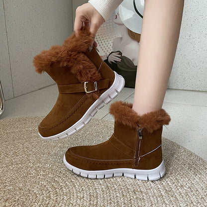 Women’s Winter Snow Boots - Warm Plush Ankle Boots with Buckle & Side Zipper