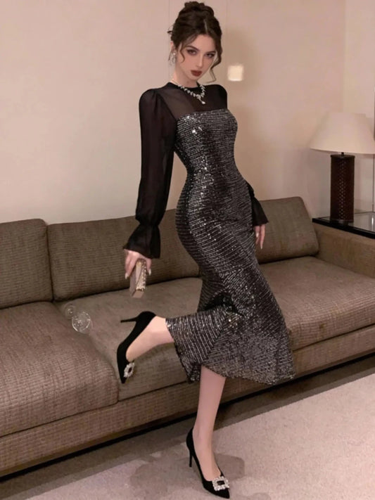 After Dark Only Sequin Mesh Midi Dress – Black - Lustreve