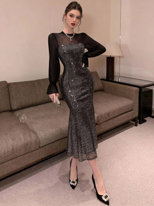 After Dark Only Sequin Mesh Midi Dress – Black - Lustreve