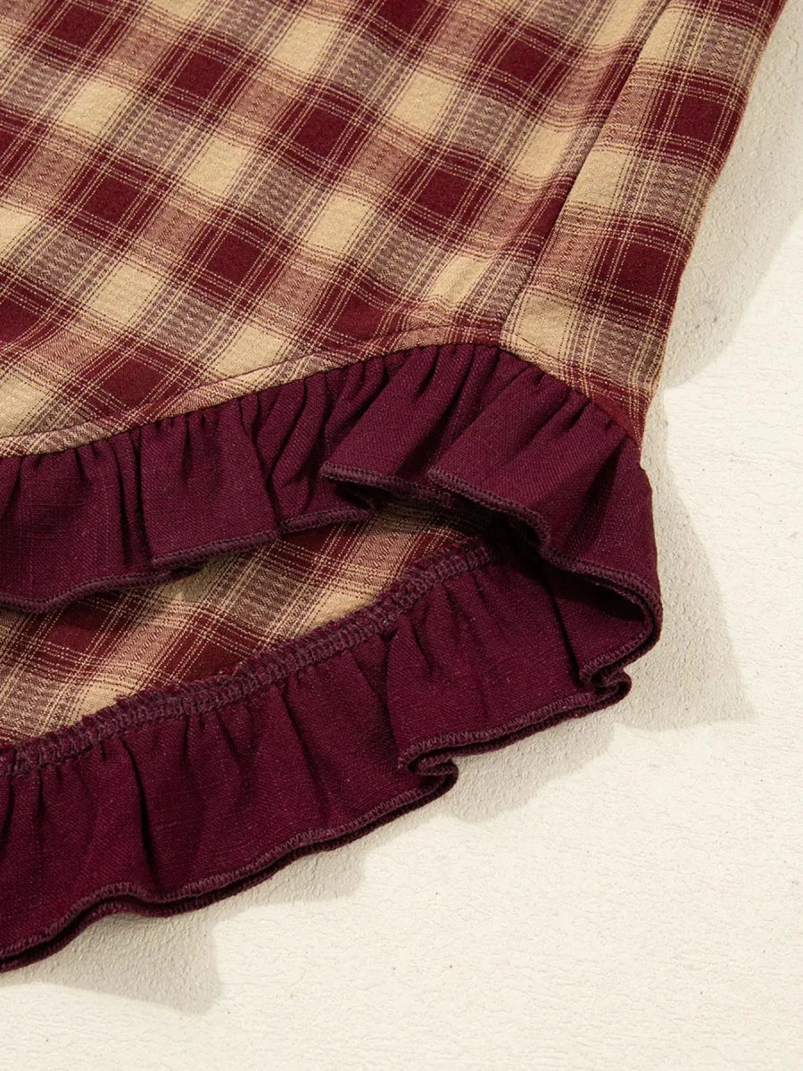 Apple Cider Mood Plaid Ruffle Shirt Mini Dress - Lustreve