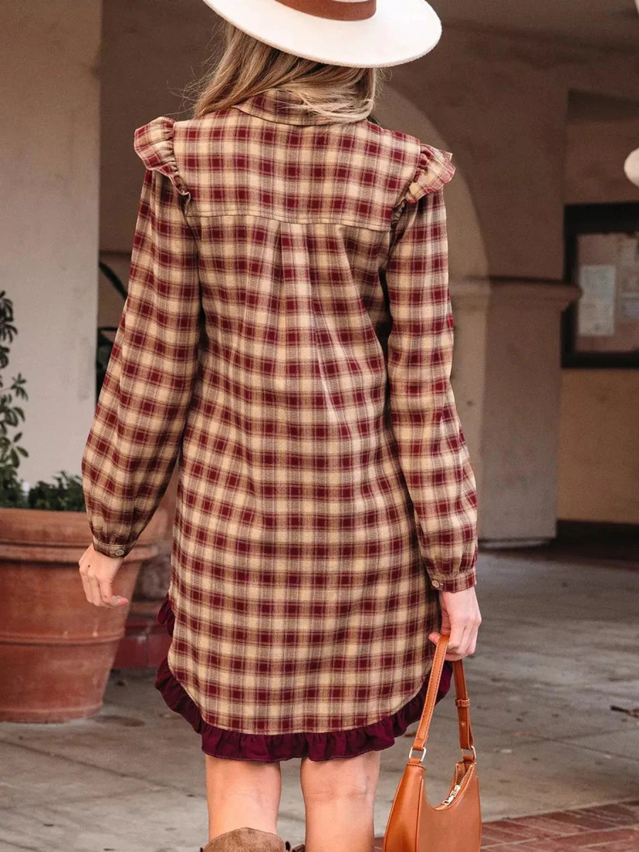 Apple Cider Mood Plaid Ruffle Shirt Mini Dress - Lustreve