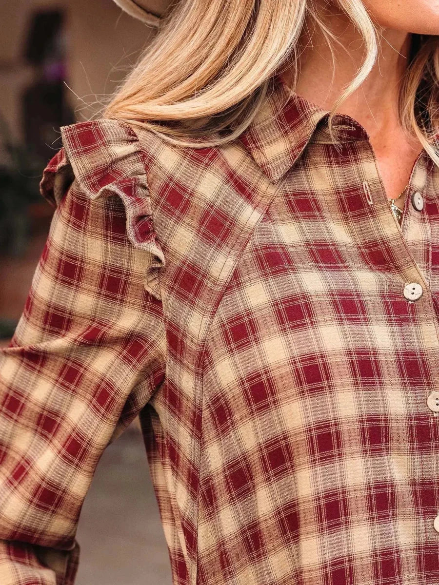 Apple Cider Mood Plaid Ruffle Shirt Mini Dress - Lustreve