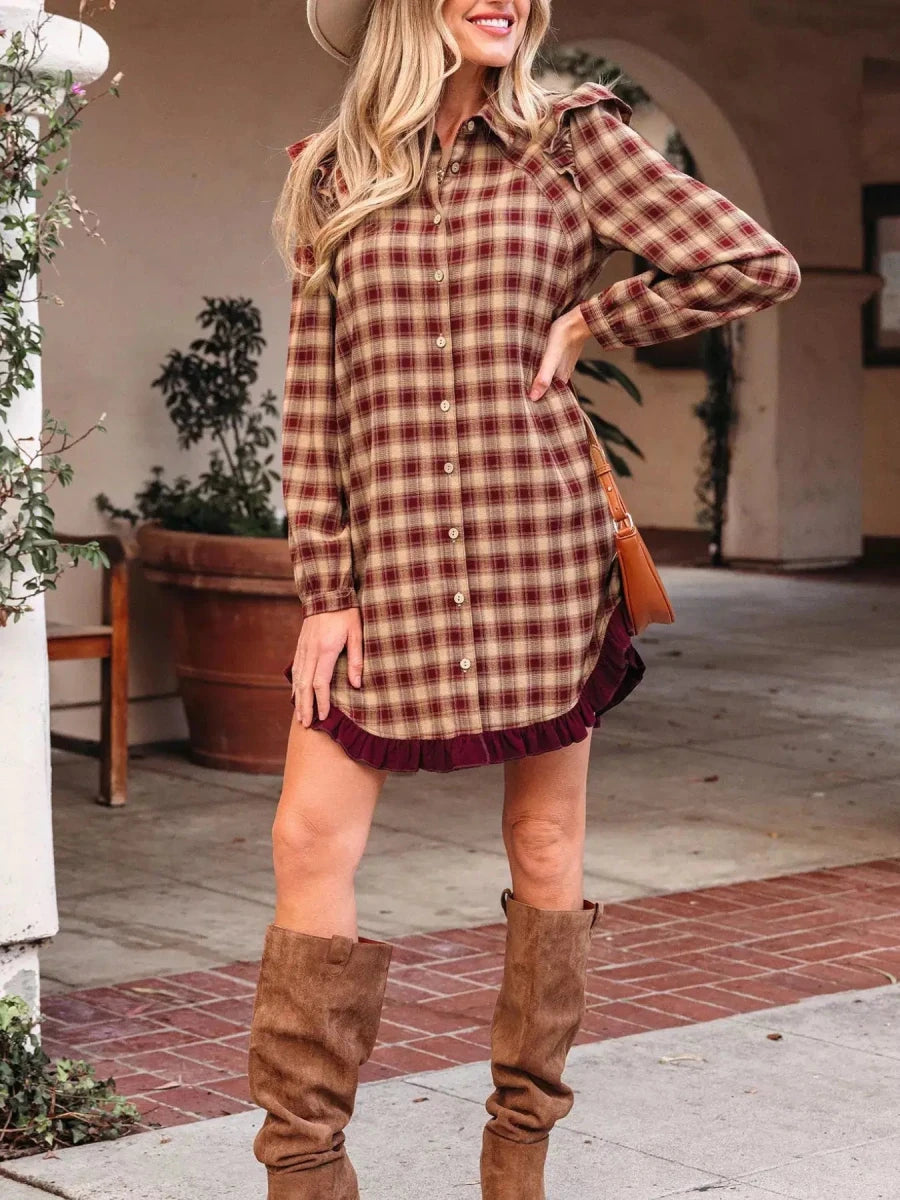 Apple Cider Mood Plaid Ruffle Shirt Mini Dress - Lustreve