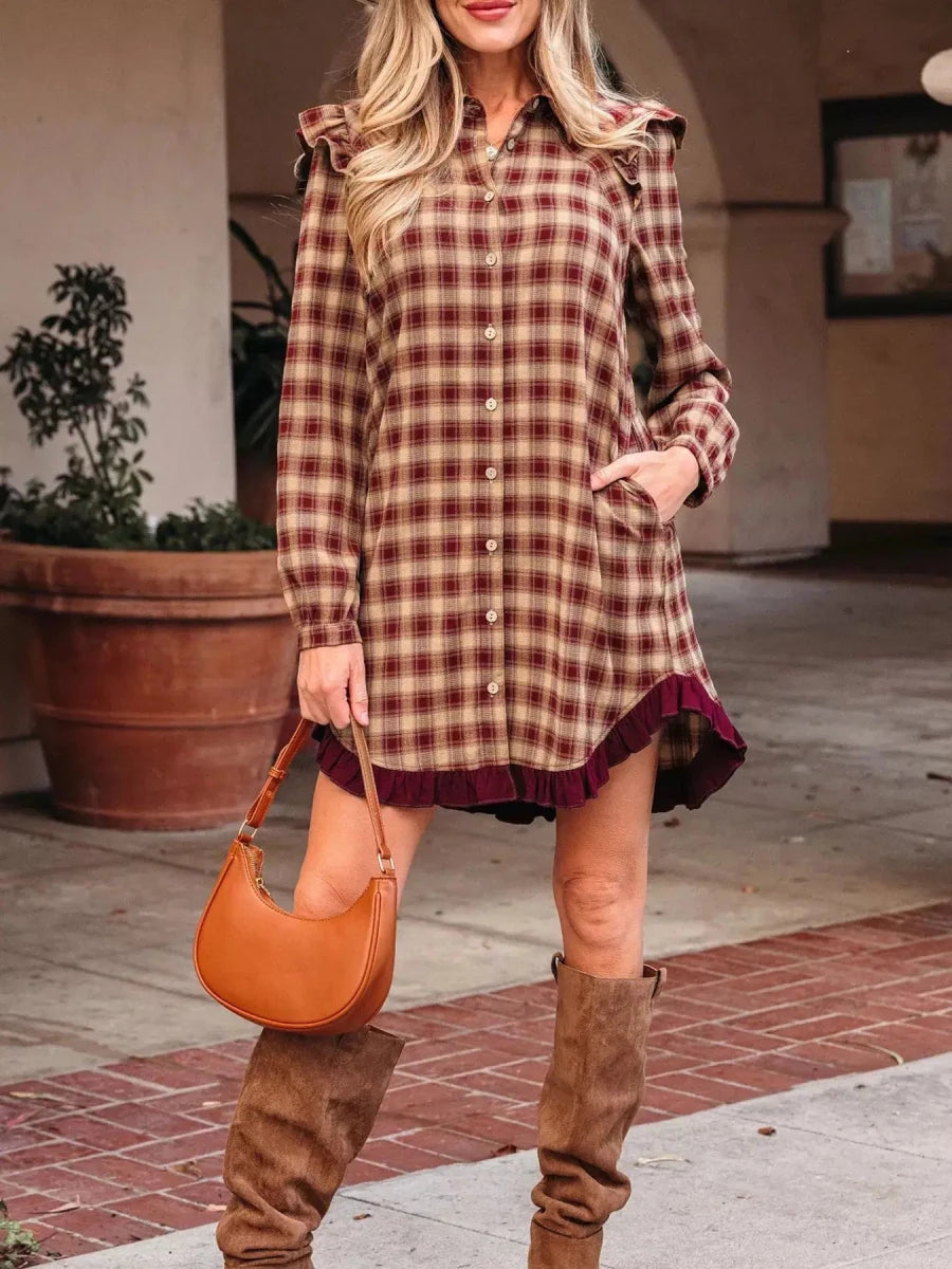 Apple Cider Mood Plaid Ruffle Shirt Mini Dress - Lustreve