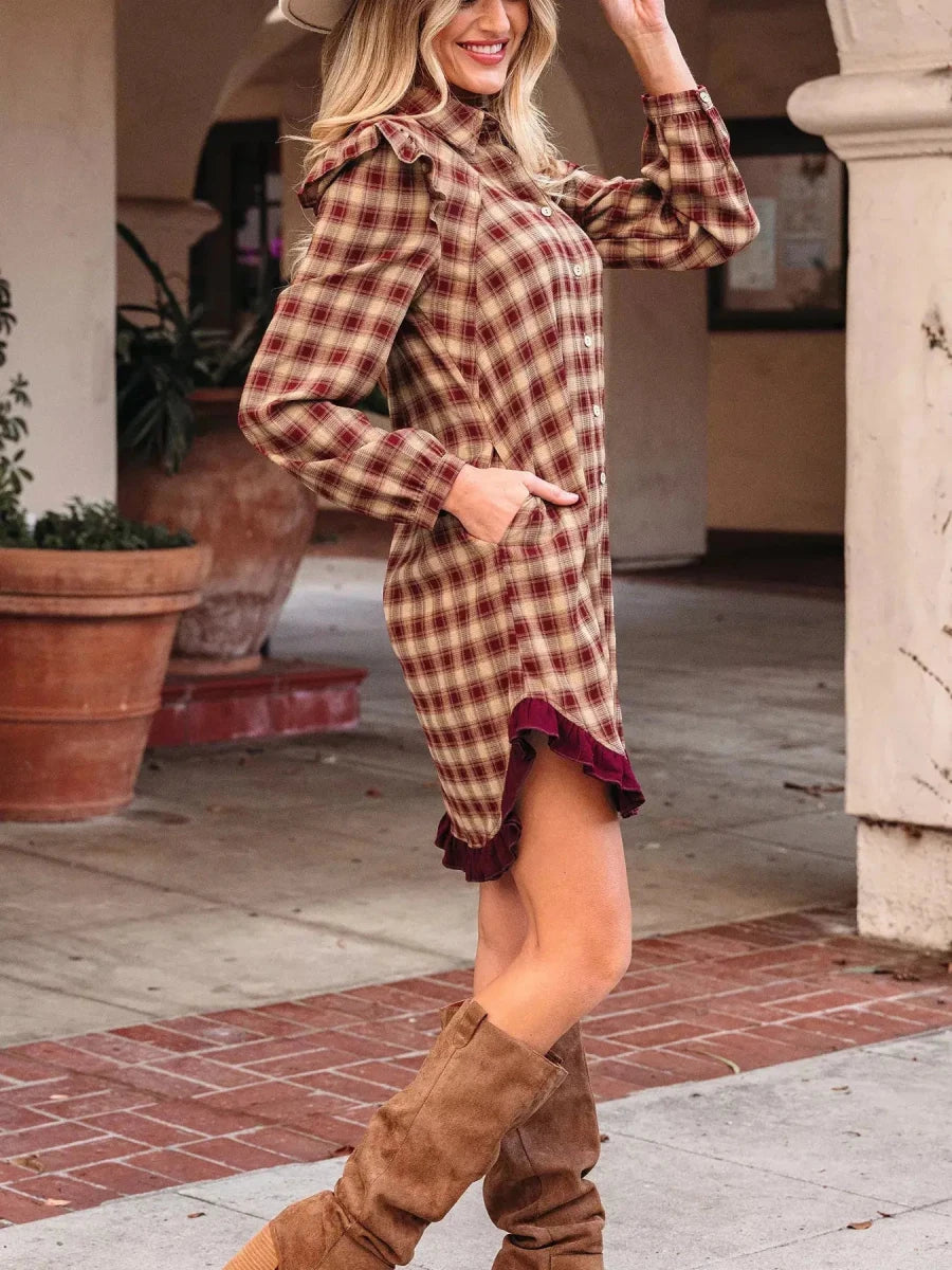 Apple Cider Mood Plaid Ruffle Shirt Mini Dress - Lustreve