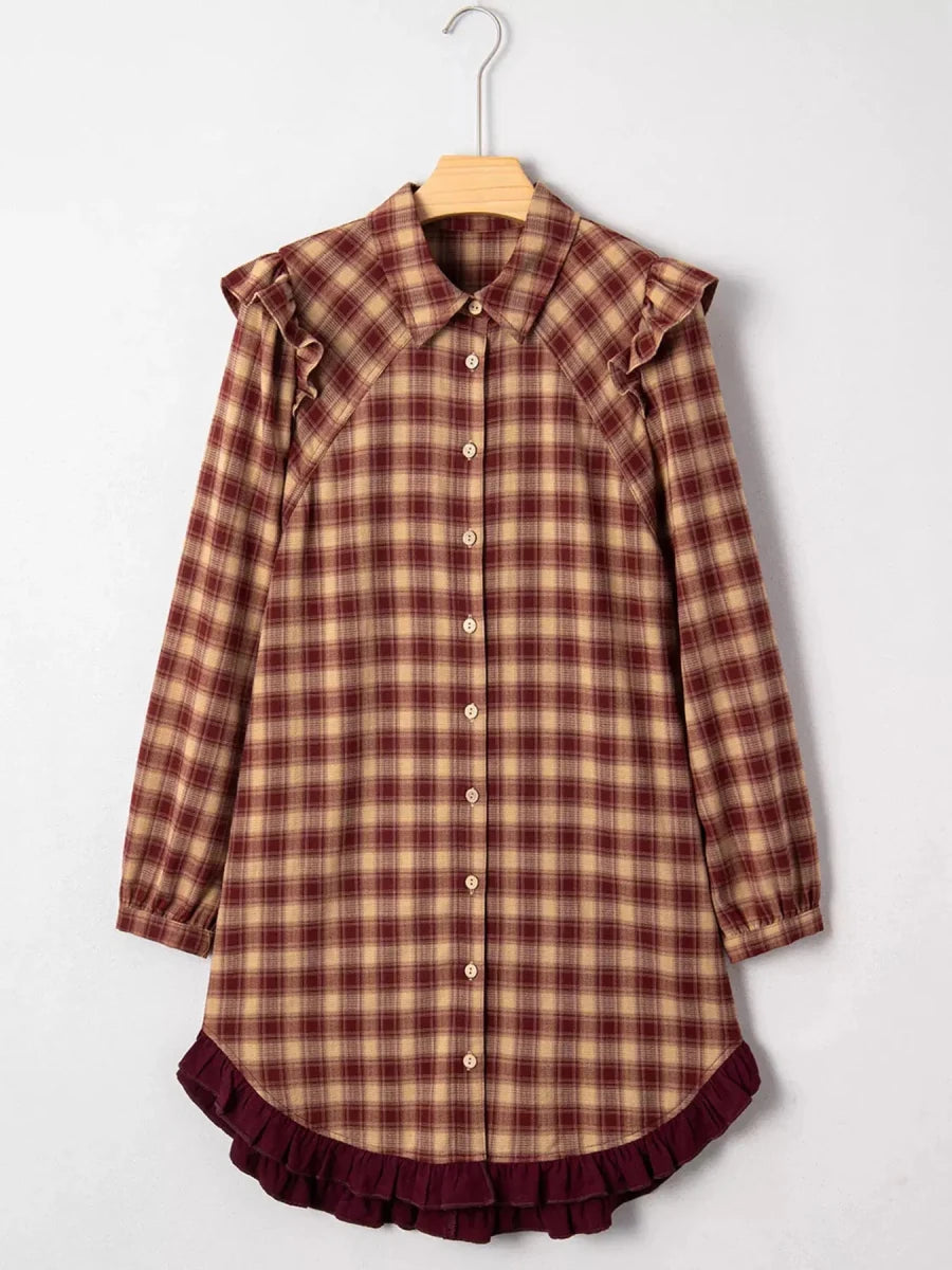 Apple Cider Mood Plaid Ruffle Shirt Mini Dress - Lustreve