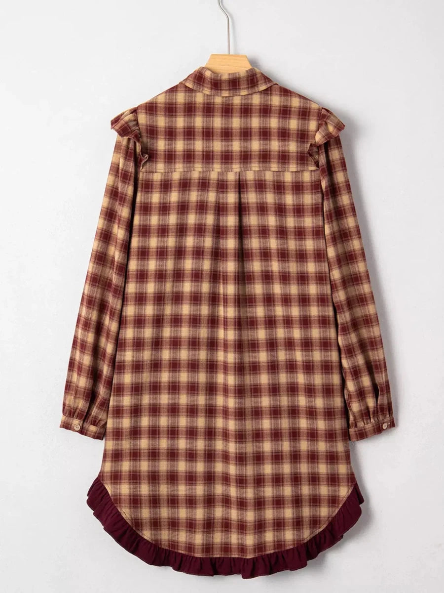 Apple Cider Mood Plaid Ruffle Shirt Mini Dress - Lustreve