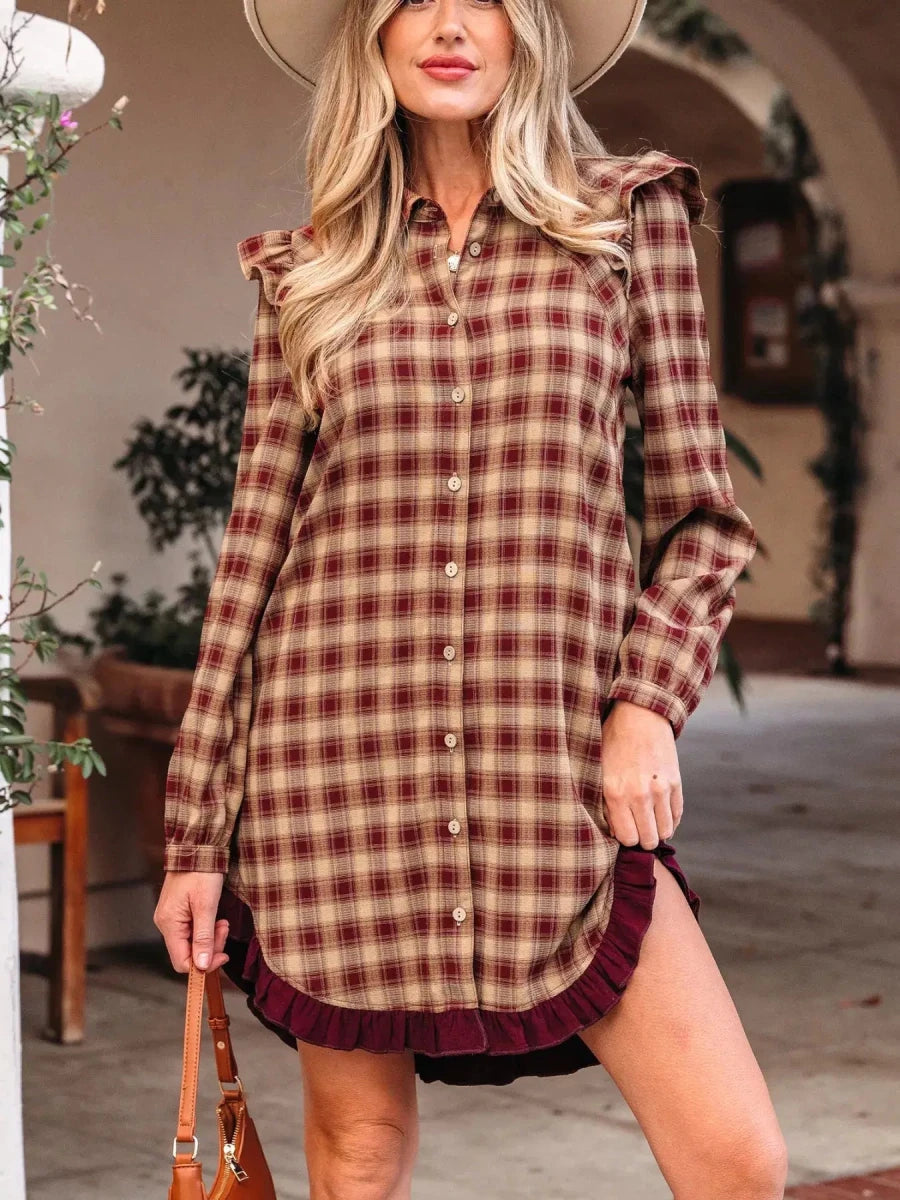 Apple Cider Mood Plaid Ruffle Shirt Mini Dress - Lustreve