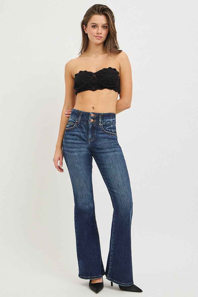 RISEN High Rise Flare Jeans With Seam Detail Waistband