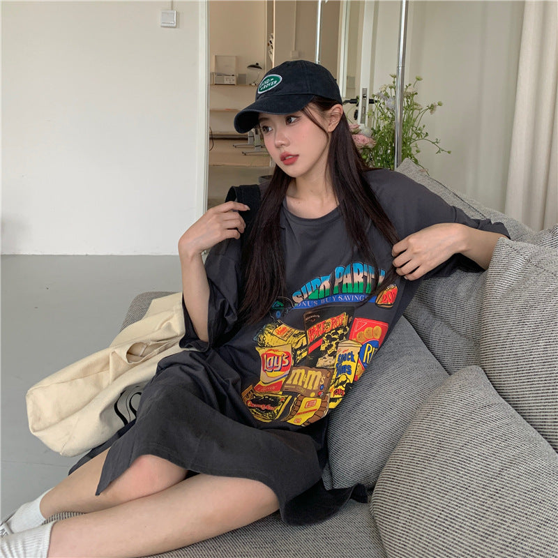 T-Shirt-Kleid mit Taschenkragen, Print und Schlitz