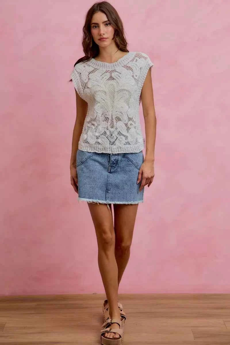 SO ME Washed Denim Floral Contrast Pockets Mini Skirt