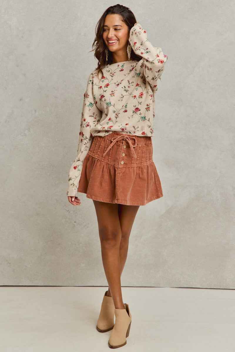 SO ME Mineral Wash Pintucked Corduroy Mini Flared Skirt