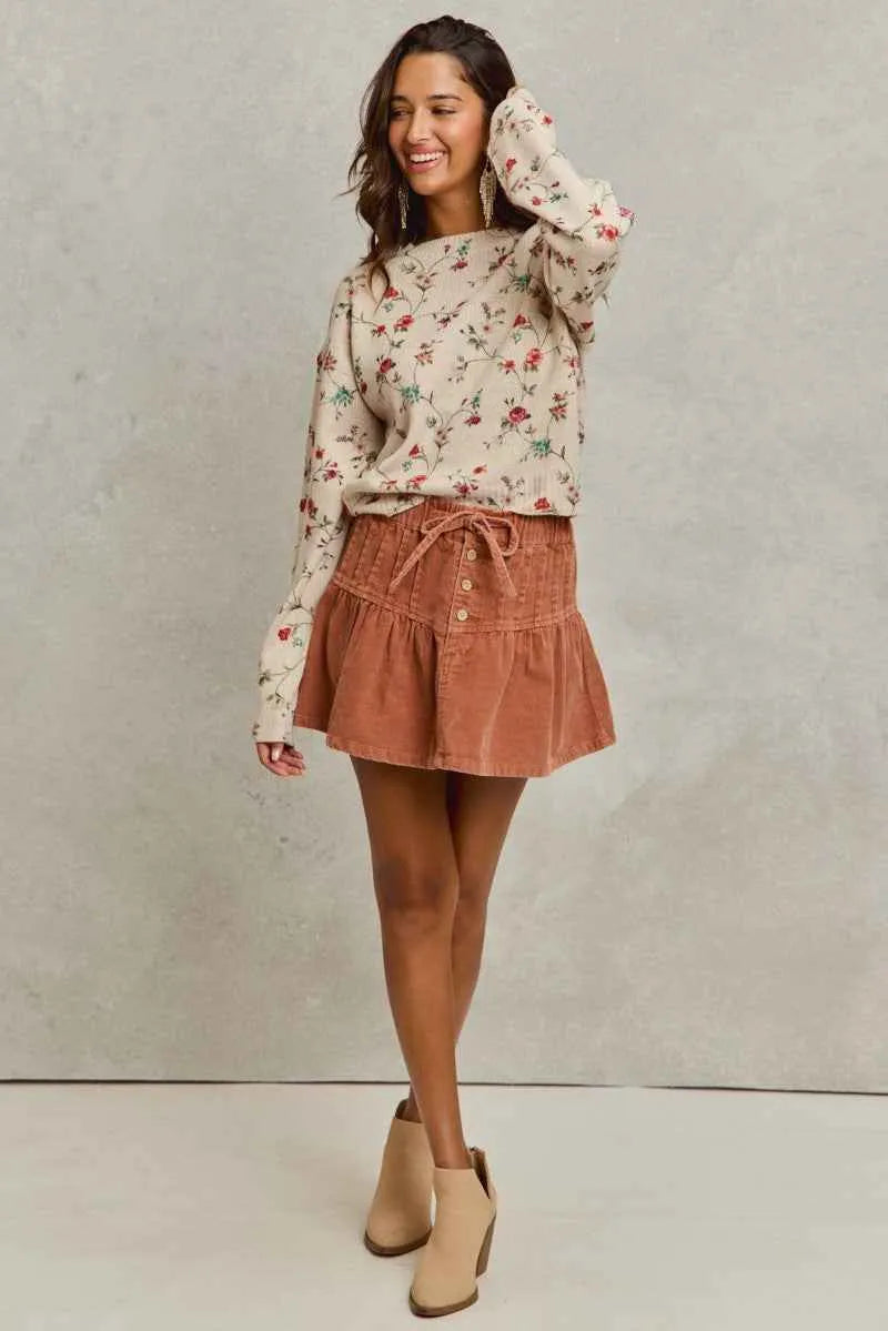 SO ME Mineral Wash Pintucked Corduroy Mini Flared Skirt