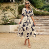 Robe longue imprimée à manches courtes et col en V – Mode vacances d'été à la plage