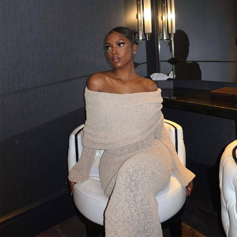 One-Shoulder Knitted Maxi Dress -Chic Long-Sleeve Beach Holiday Dress