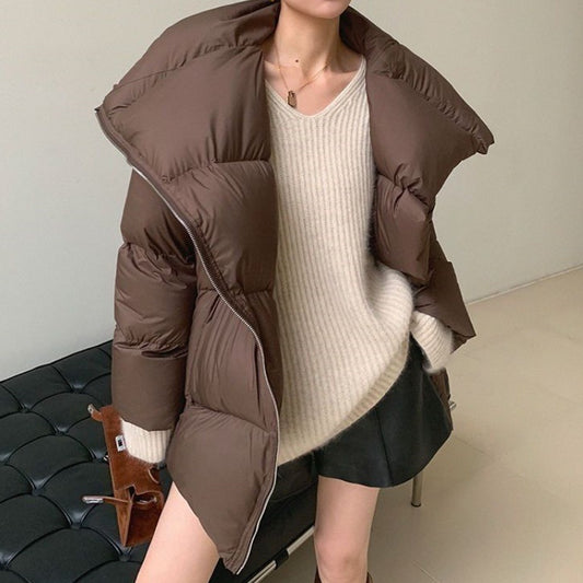 Coffe Brown Lapel Puffer  Coat