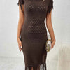 Fringe Openwork Boat Neck Knit Dress