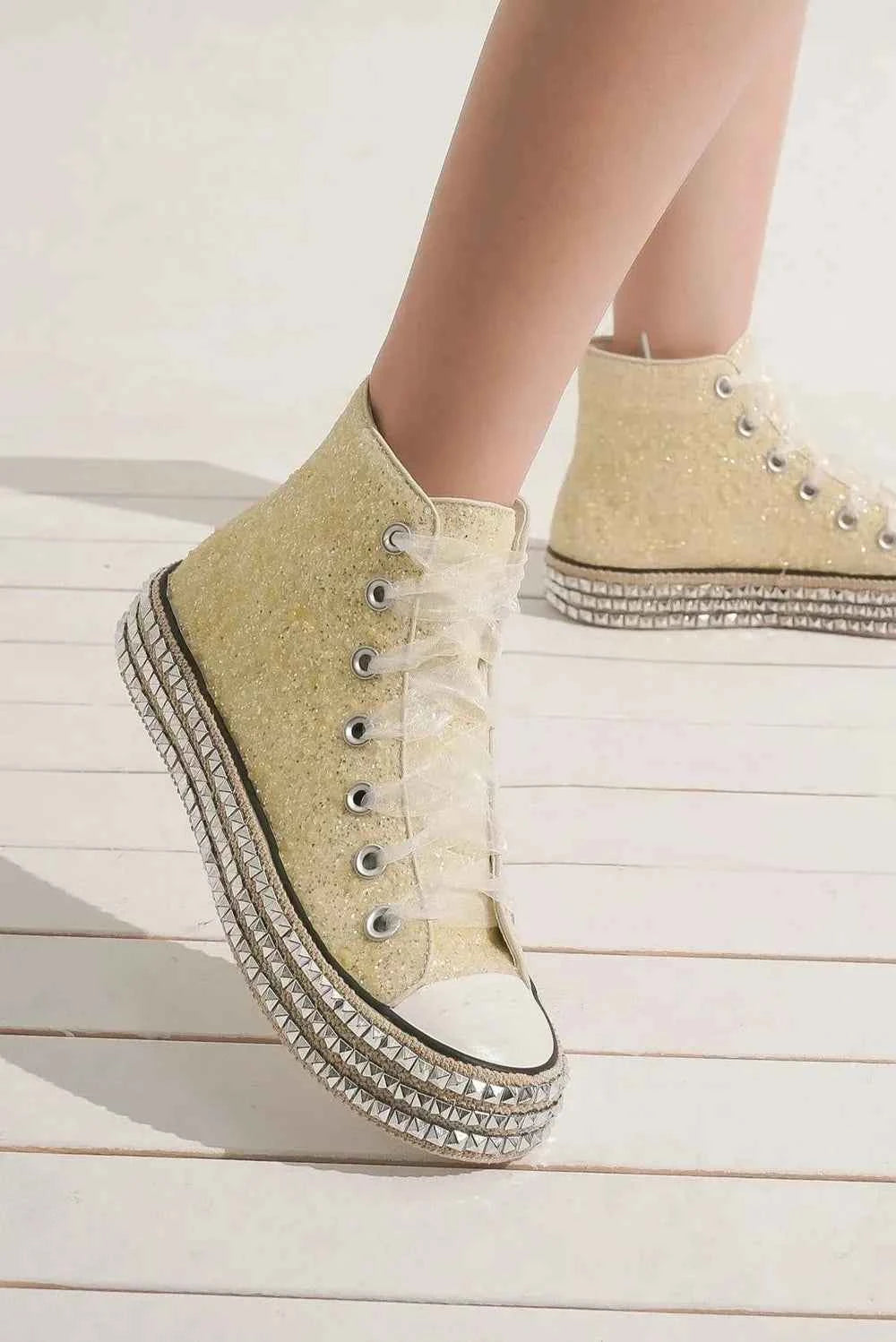 Champagne Drip Glitter Lace-Up Studded Platform Sneakers