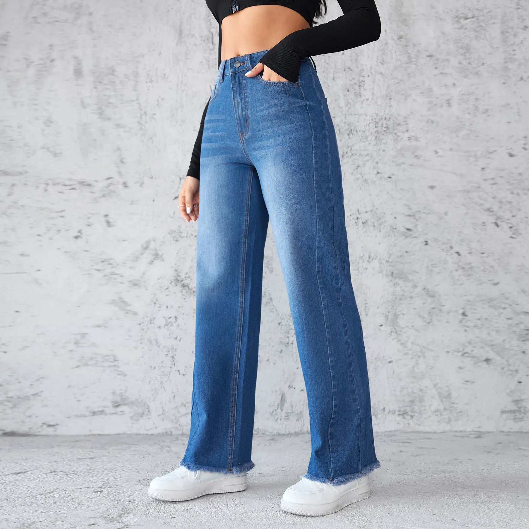 Modische, gerade geschnittene Jeans mit weitem Bein – Lässige Damenjeans mit hohem Bund und ohne Gummizug