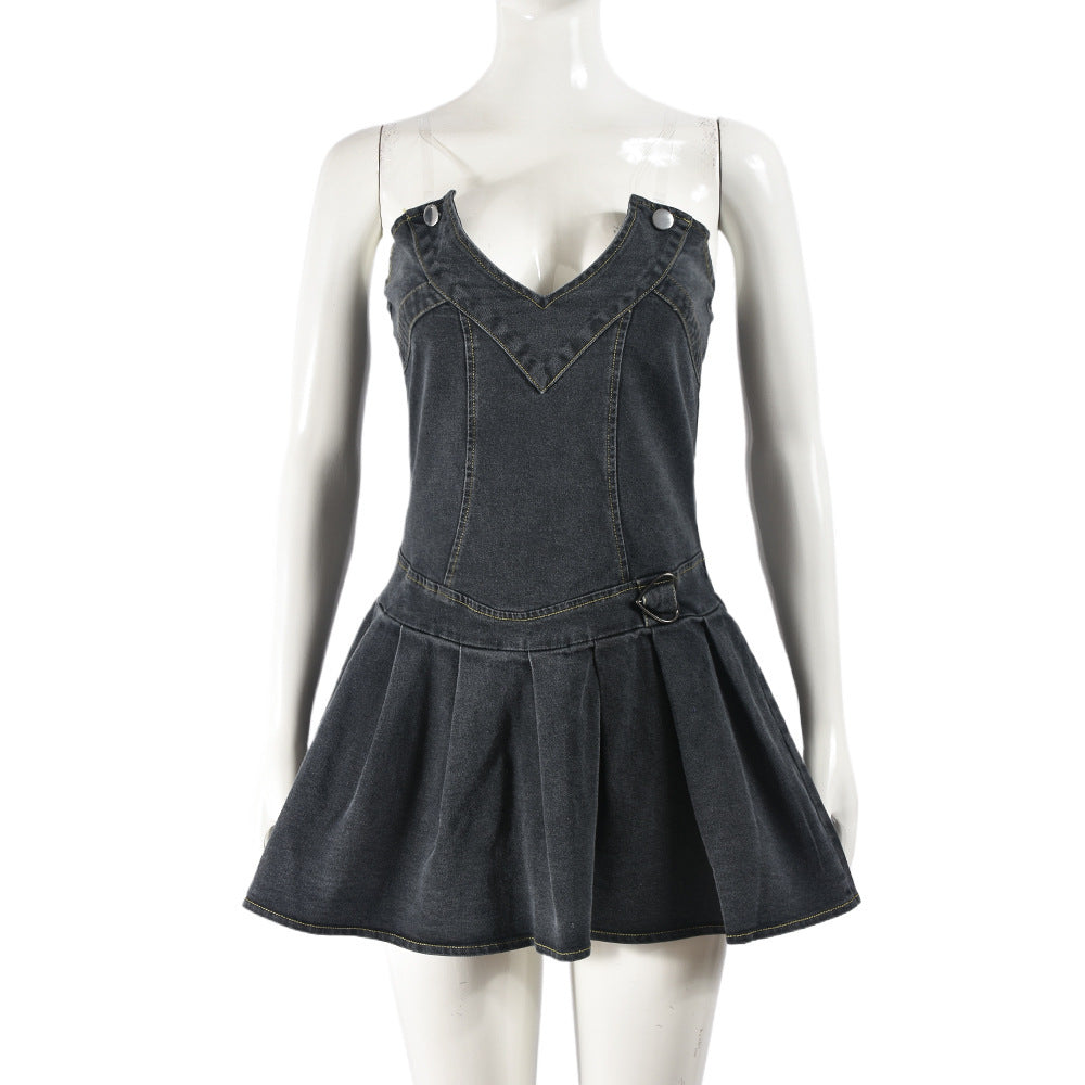 Riviera Charm Pleated V-Neck Denim Mini Dress