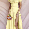 Puff Sleeve Tie Front Slit Midi Dress