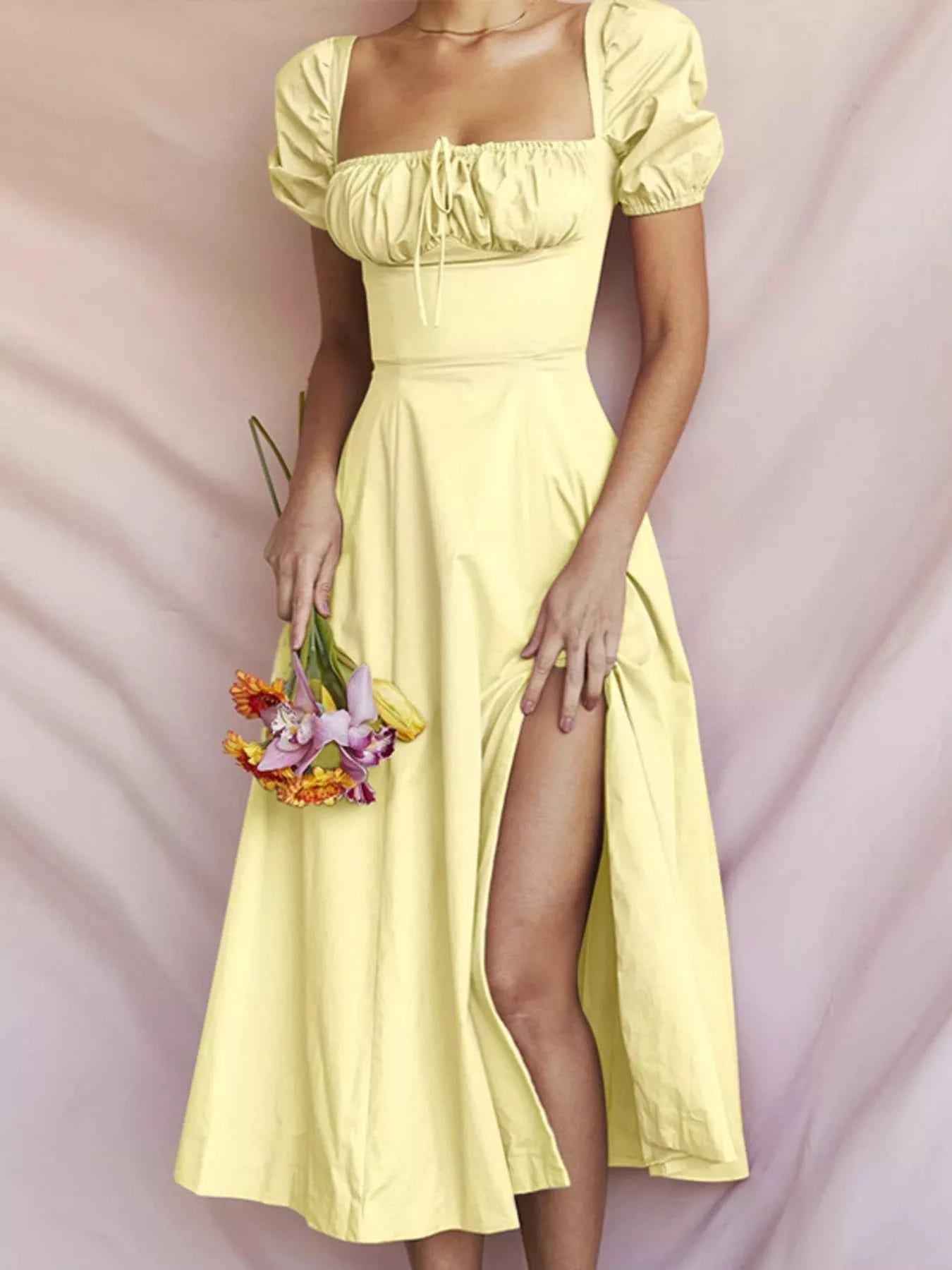 Puff Sleeve Tie Front Slit Midi Dress