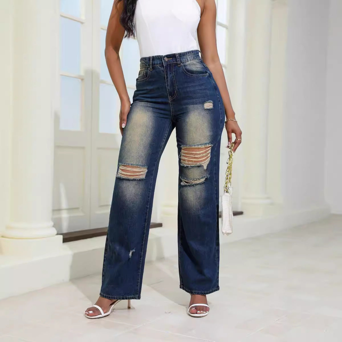 Jean déchiré taille haute tendance avec poches – Pantalon slim confortable et droit à jambes larges pour femme