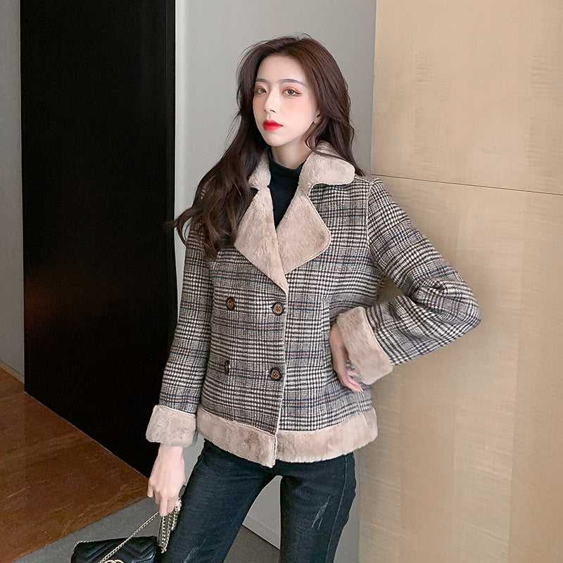 All-match Thick Plaid Woolen Fur Coat