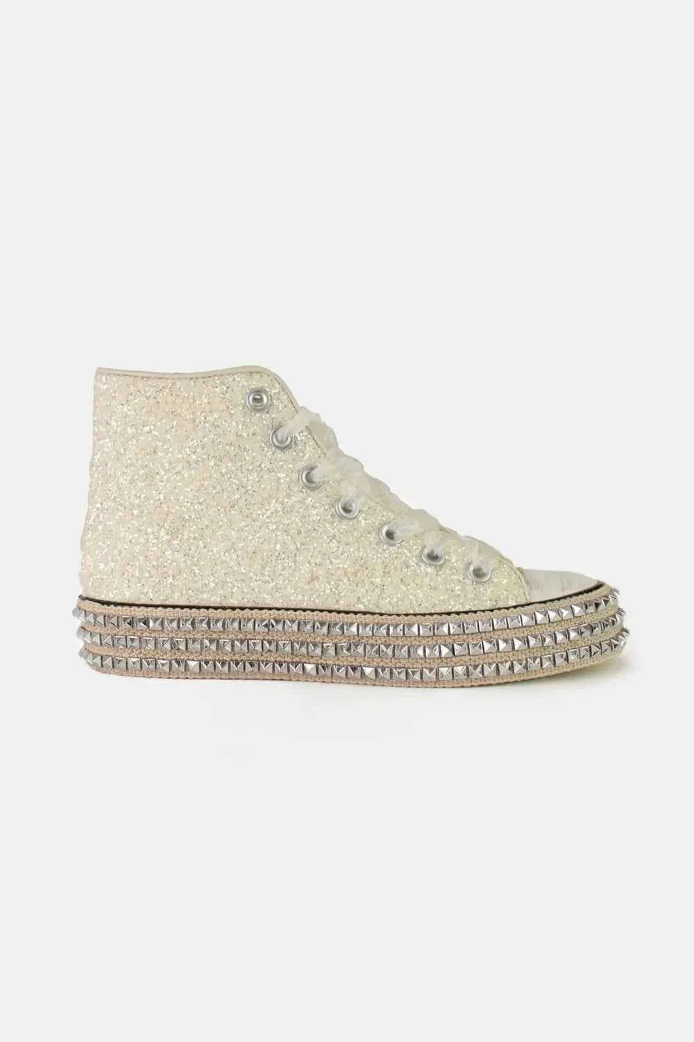 Champagne Drip Glitter Lace-Up Studded Platform Sneakers